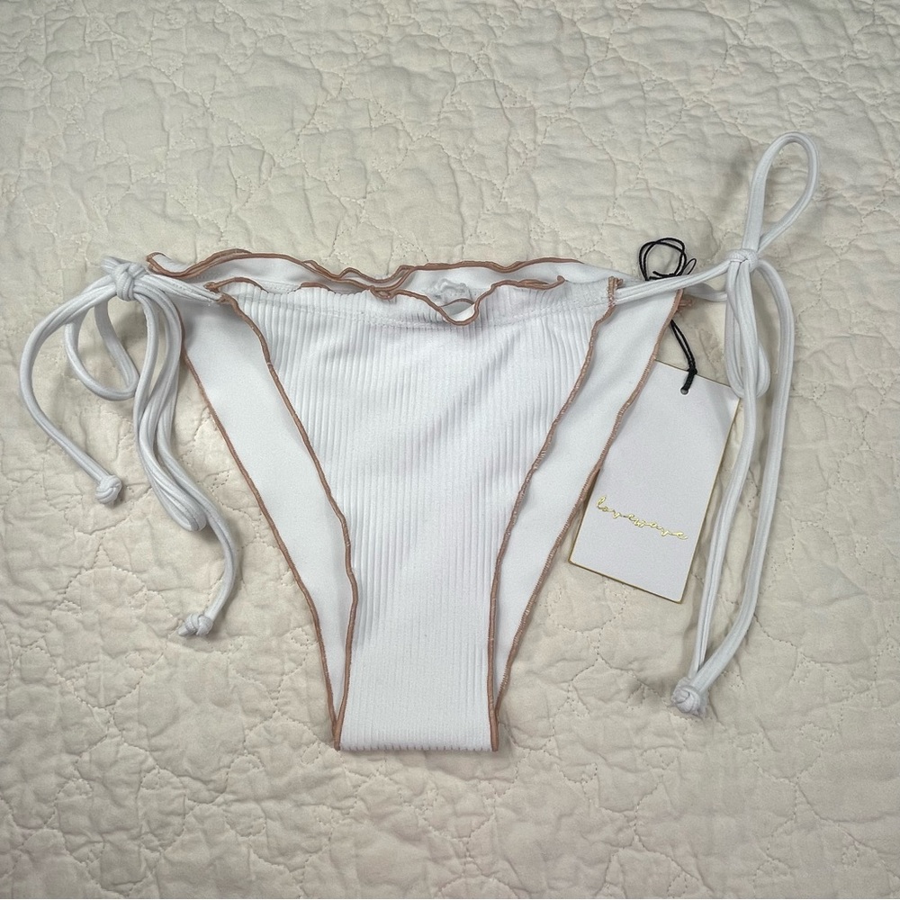 🔥NWT Lovewave String Straps White Bikini Bottom Brown Trim Size Smalll